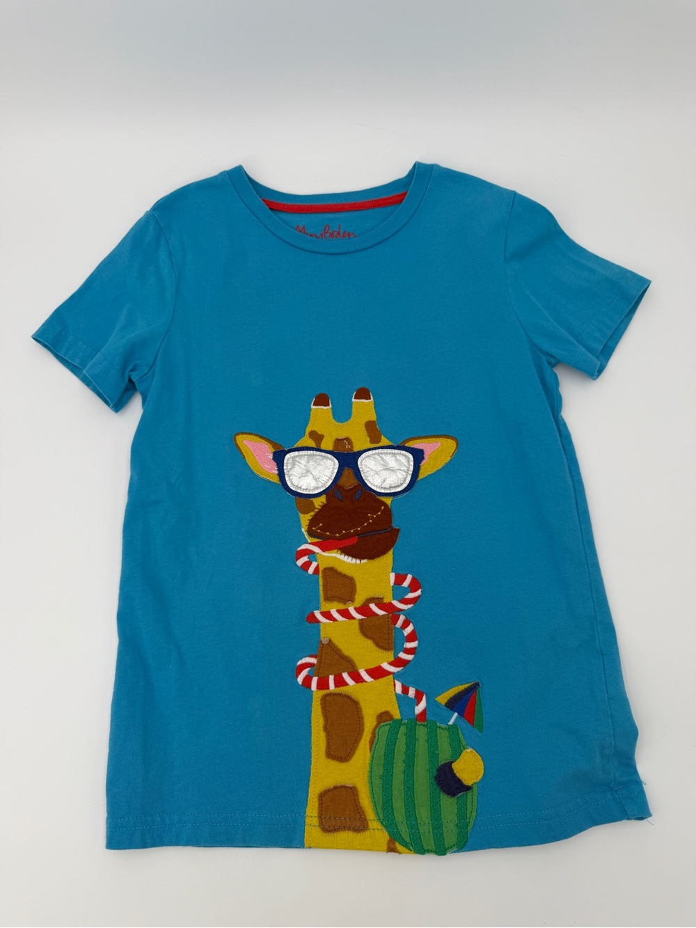 Mini Boden Teal Blue Giraffe Appliqué Tee 8-9